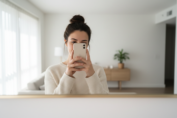 Jeune fille brune avec un chignon se prenant en photo devant le miroir,  juste le buste et le visage